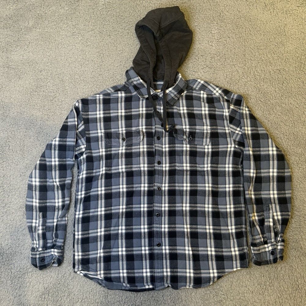 American Eagle Mens Flannel Removable Hood Green Plaid Shirt‎ Shacket Size Large
